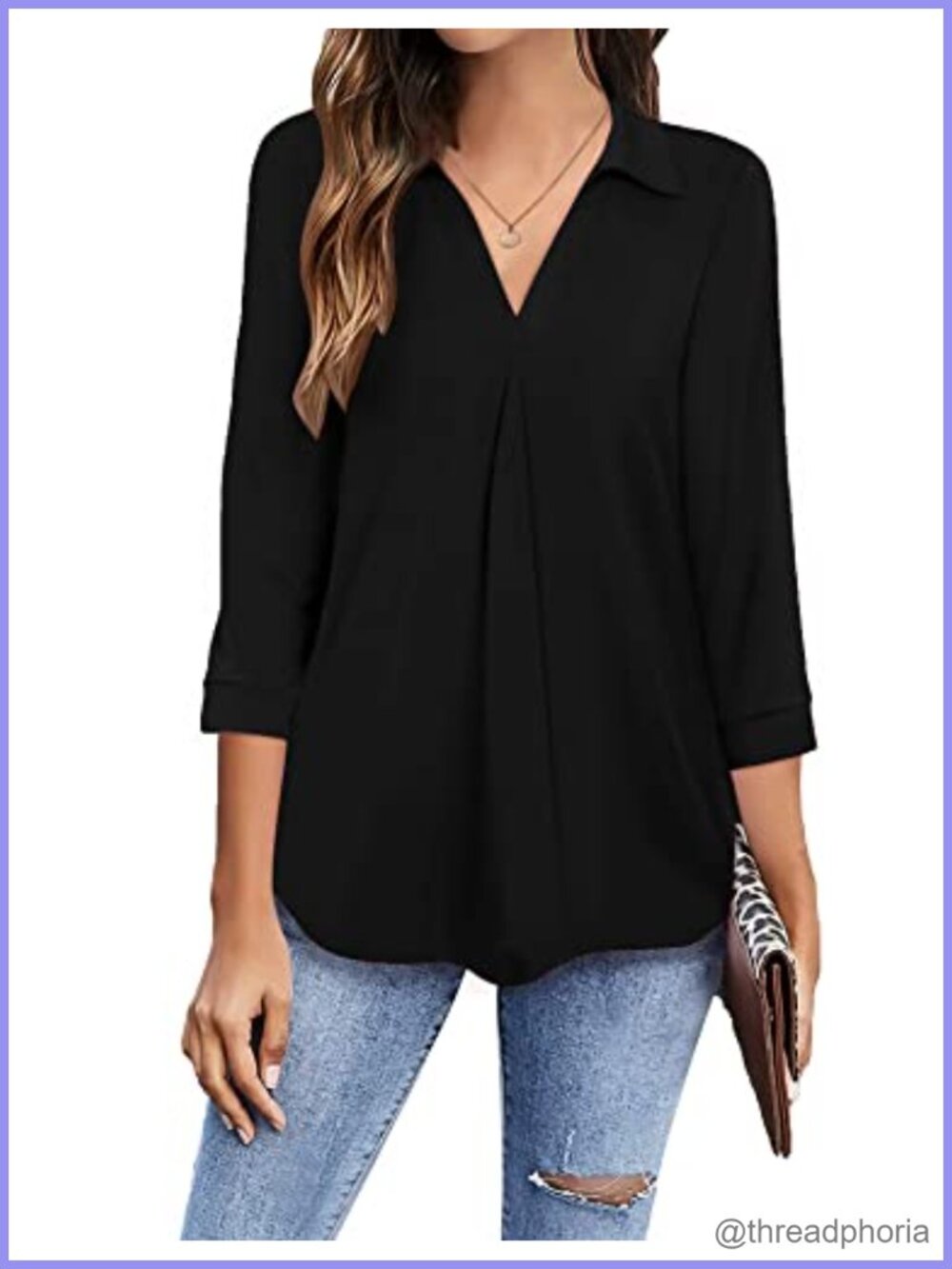 Womens 3/4 Sleeve V-Neck Pleated Business Casual Blouse